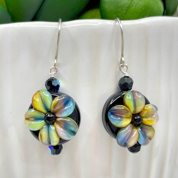 Handmade Lampwork Flower Earrings, Iridescent Glass Floral Beads, Sterling Silver Hooks, Artisan Statement Jewelry