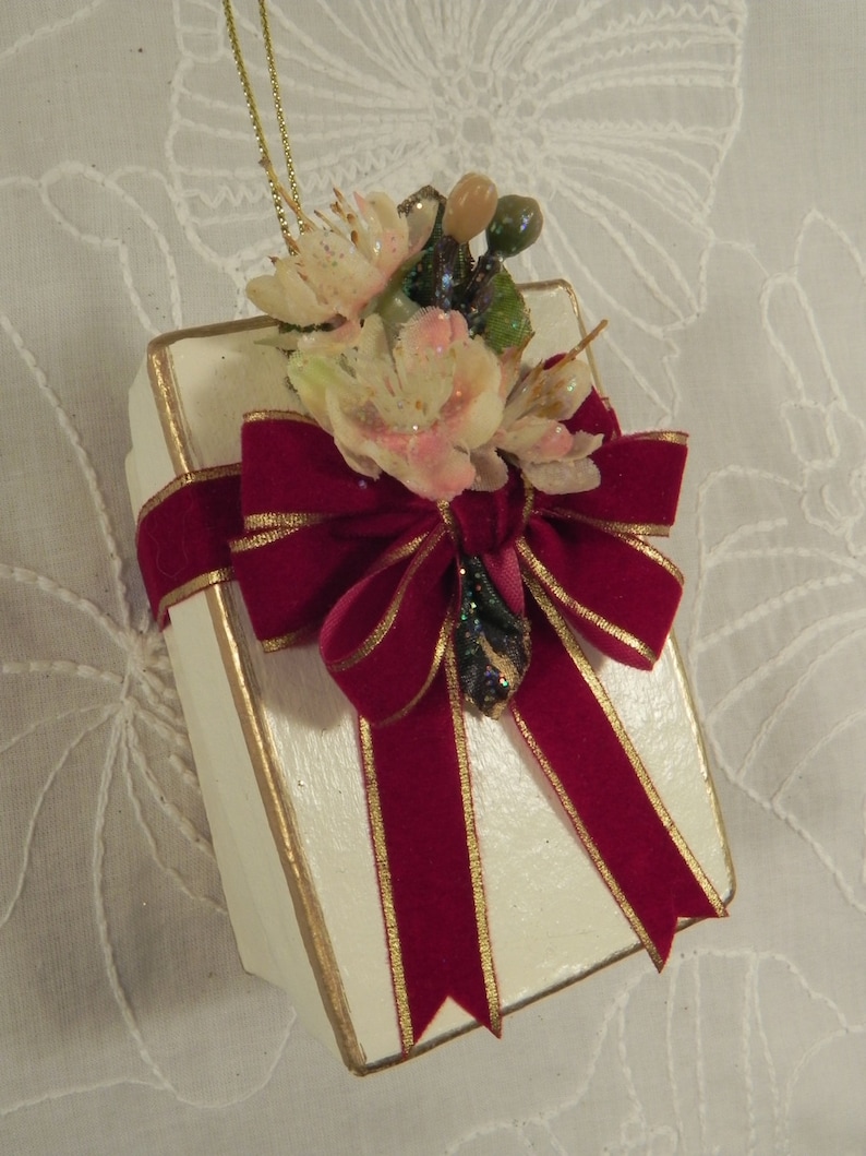 Ivory Gift Box Ornament with Burgundy Velvet Bow and Ivory Etsy