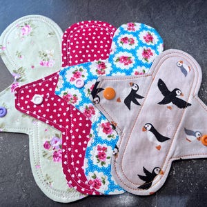 May include: Four reusable cloth menstrual pads in different patterns. The pads are made of soft fabric and have a variety of colors and designs, including floral prints, polka dots, and a pattern with birds. The pads are all in the shape of a teardrop and have a snap closure.