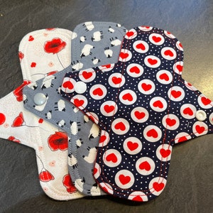 Wide reusable panty liners handmade in cotton, 7” long pack of 3
