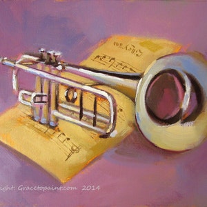 May include: A silver trumpet rests on a sheet of music with musical notes. The trumpet is painted in a realistic style with a gold bell and a pink interior. The background is a soft purple.