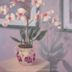 May include: A painting of a white orchid plant in a white ceramic pot with pink floral designs. The plant is in a room with two windows and the shadow of the plant is cast on the wall.