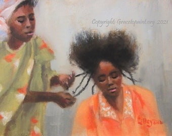 May include: A painting of two Black women, one with a green and orange dress braiding the other's hair. The woman having her hair braided is wearing an orange shirt with a white collar.
