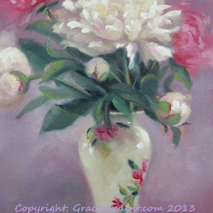 May include: A bouquet of white and pink peonies in a white vase with floral designs. The vase has a gold rim. The flowers are arranged in a vase on a purple background.