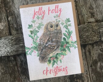 Jolly Holly Owl Single Christmas Card