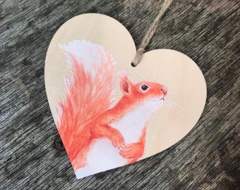 Red Squirrel Wooden Hanging Heart decoration