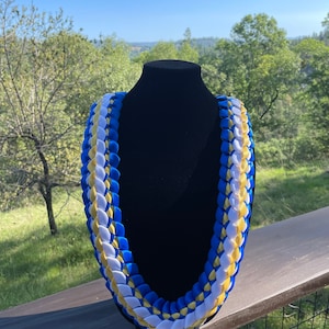 50” Deluxe Double Braided Ribbon Leis Three color with third color WHITE ACCENT CENTER - You Choose Outer Edge Color and One Accent Color