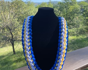 50” Deluxe Double Braided Ribbon Leis Three color with third color WHITE ACCENT CENTER - You Choose Outer Edge Color and One Accent Color