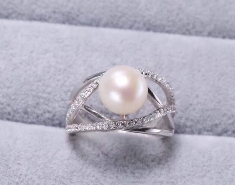 engagement pearl ring unique modern silver pearl ring Sterling silver natural white freshwater pearl ring