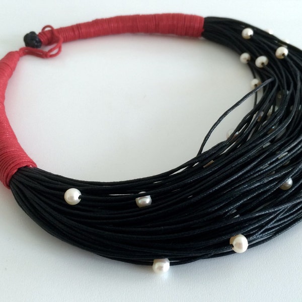 Reserved for Charlene- Hot Red and Black Necklace with pearls - Artisan jewelry - Black and Red Jewelry