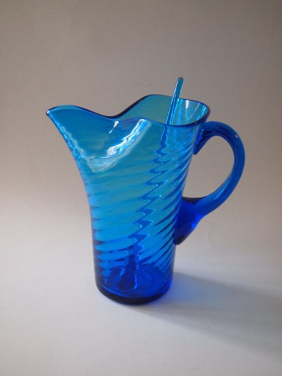 Blenko Blue Art Glass Cocktail Pitcher with Stir Stick
