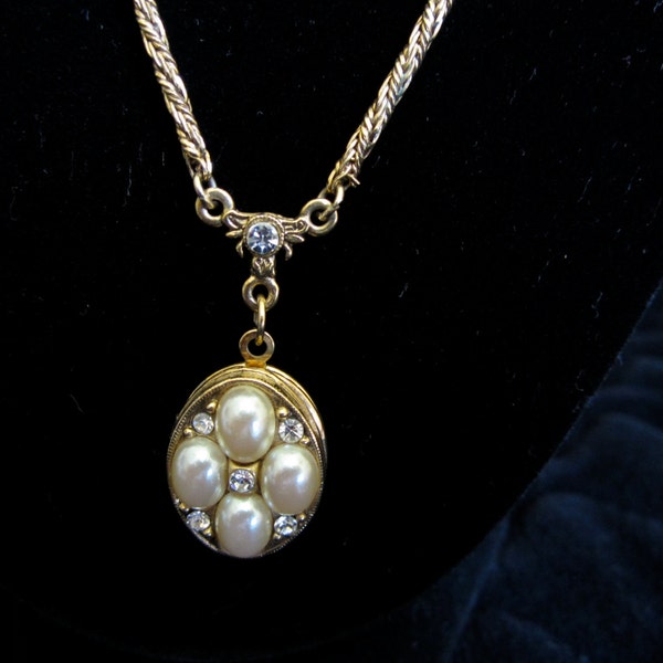 Vintage Locket Necklace 1980's Pearl and Rhinestone Costume Jewelry Lavalier  Gold Tone