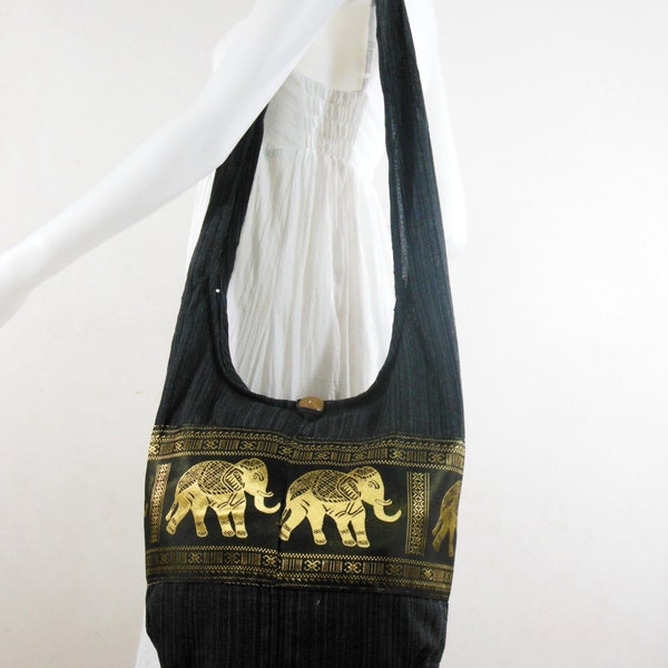 USA SHIPPING** Black Vintage Elephants Cross body ,Shoulder bag,Hippie,Cotton, Boho Hobo , Messenger Bag E-HG01