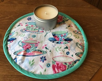 Flowery Teacups Candle Mat, Hot Pad or Trivet