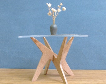 Cross Pedestal DINING TABLE, 1:12 Scale REPLICA, Glass & Wood, Collectible Miniature Furniture,Mid Century Modern Design