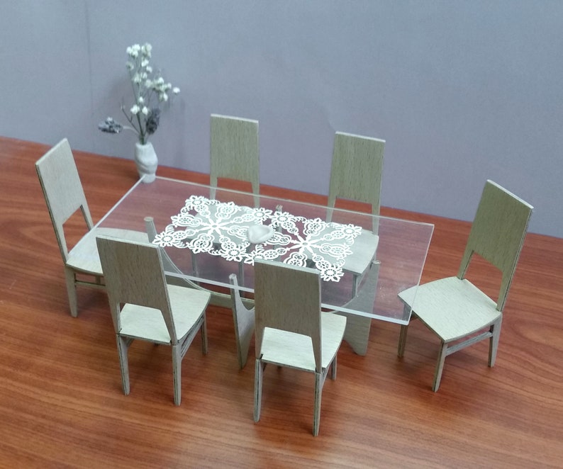 Glass & Wood Rectangle Table DINING SET , 1:6 Scale, Collectible Miniature Dollhouse Furniture,Modern Design,Hand Made,Vintage image 3