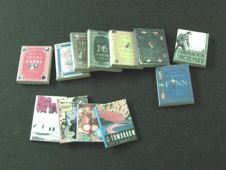 Set of 12 SOLID Miniature BOOKS , 1 :12 scale,Handmade, Youth literature, DOLLHOUSE Miniatures, Collectable, Vintage accessories image 1