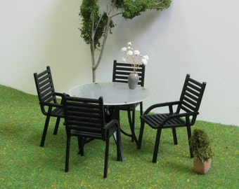 Miniature PATIO DINING SET, 1/6 Scale, Handmade Dollhouse Modern Style Garden Furniture , 4 Chairs&Table, Contemporary Outdoor Decoration,