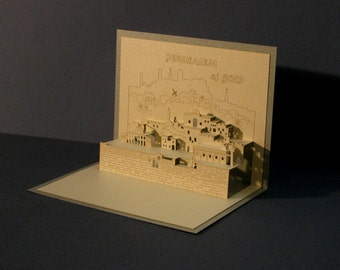 3D Pop Up Greeting Card,Jerusalem, JUDAICA,Kotel, Architectural ORIGAMI, Holy Land,  David tower,Paper Art,Laser Cut,