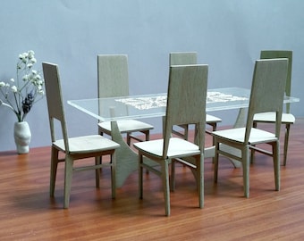 Glass & Wood  Rectangle Table DINING SET , 1:12 Scale, Collectible Miniature Dollhouse Furniture,Modern Design,Hand Made,Vintage