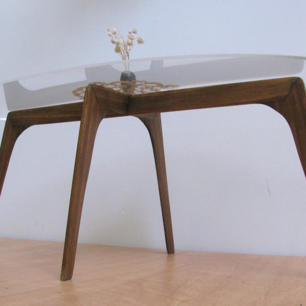 Table à manger elliptique en verre et bois 1:6, acrylique/plexiglas, meubles miniatures de collection, design moderne du milieu du siècle