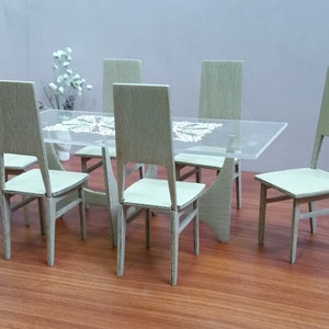 Vidrio y madera rectángulo mesa comedor SET, escala 1:6, muebles de casa de muñecas en miniatura coleccionables, diseño moderno, hecho a mano, vintage