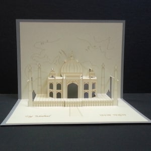 Cartão de felicitações pop-up 3D, TAJ MAHAL, design ilustrado, arquitetura origami, Agra ÍNDIA, Oito maravilhas, arte em papel, presente vintage, corte a laser