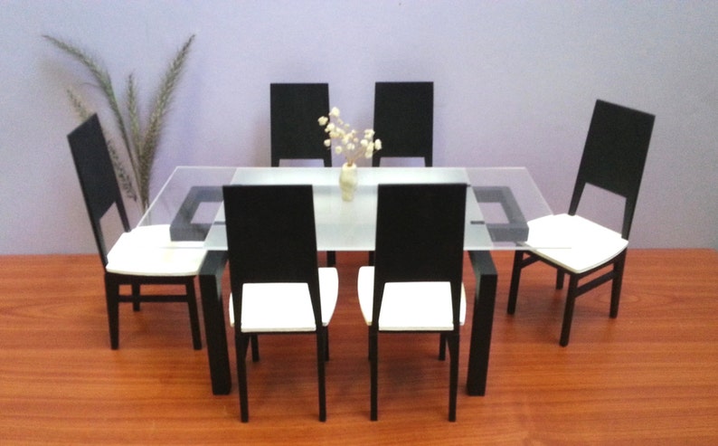 DINING SET 1/12_1/16_1/18 scale, Contemporary Design, Table and 6 Chairs, Modern Style Dollhouse Furniture,Handmade Miniature image 3