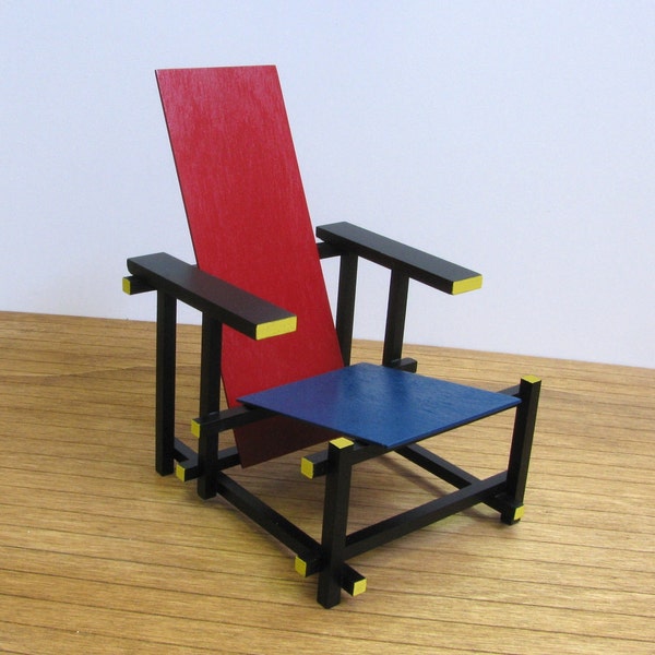 CHAISE ROUGE et BLEUE, 1/6 Scale Handmade Replica, Miniature Famous Furniture , Art Design, Destijl, Collectable Modernism, Rode & Blauwe Stoel