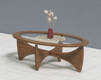 Cross Oval Wooden COFFEE TABLE 1/12 Scale , Collectible Miniature Furniture,Mid Century Modern Style Design, 60's