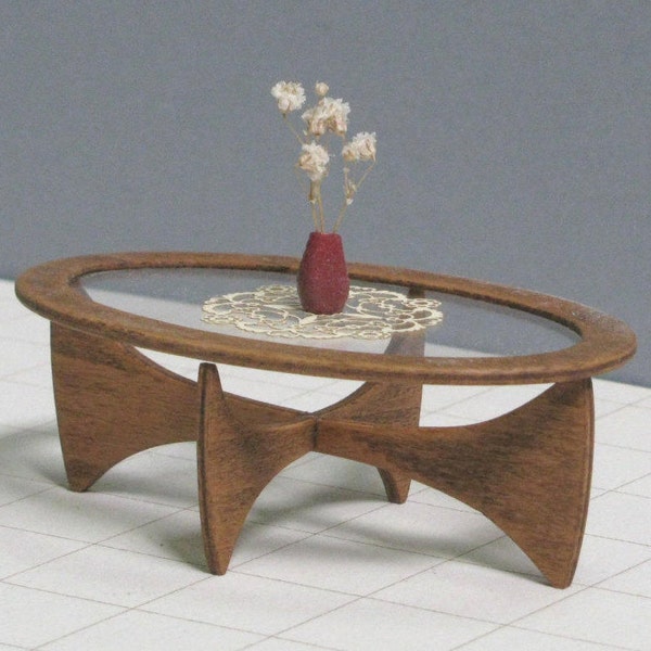 Cross Oval Wooden COFFEE TABLE 1/12 Scale , Collectible Miniature Furniture,Mid Century Modern Style Design, 60's