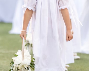 White Hand Smocked Bishop Dress, perfect for Baptism, Wedding, dressy occasion.