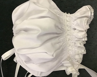 Hand Smocked Baby Bonnet: White Batiste, Pearl Tapered Brim