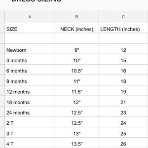 May include: Dress sizing chart with measurements in inches. Sizes range from Newborn to 4T, with neck and length measurements provided for each size. The chart includes measurements like 9" neck for Newborn and 26" length for 4T.