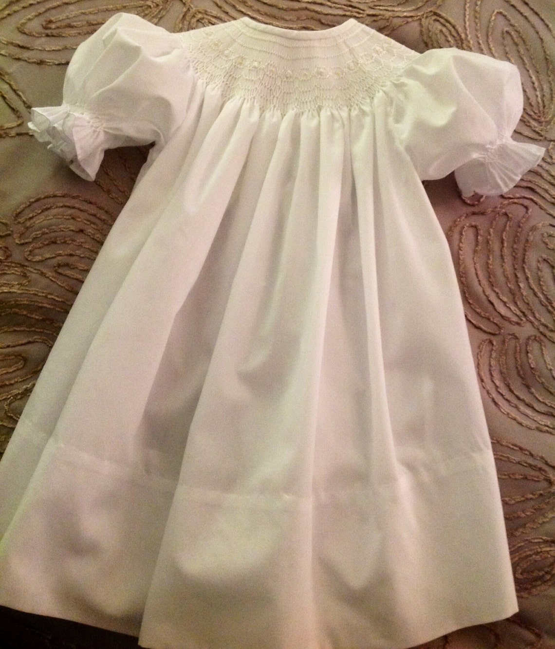 White with Ecru Multi Geometric Smocked Bishop Dress main image 0