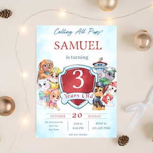 Watercolor Paw-ty Editable Birthday Invitation Template, Kids Party Invitation, Puppy Patrol Invitation, Kids Birthday, Canva Template