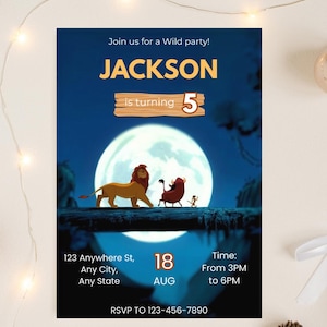 Lion King Editable Birthday Invitation, Simba Editable Invite, Lion King Birthday Invite, Cartoon Animals Invitation, Canva Template