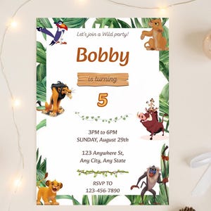 Lion King Editable Birthday Invitation, Safari Editable Invite, Lion King Birthday Invite, Cartoon Animals Invitation, Canva Template