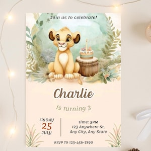Watercolor Simba Editable Birthday Invitation, Simba Bday Invite, Lion King Birthday Invite, Baby Simba Invitation, Canva Template
