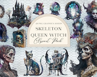 Watercolor Skeleton Queen Witch Gothic Sublimation Clipart Illustrations Graphics