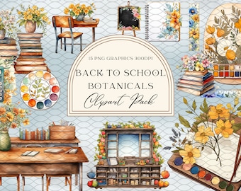 Watercolor Back to School Botanicals Sublimation Clipart Illustrations Graphics