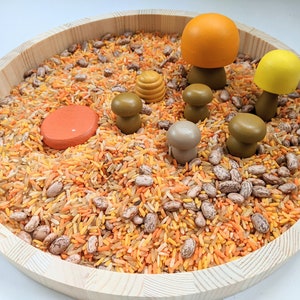 May include: A wooden tray filled with a mixture of brown, orange, and yellow rice and beans. There are several wooden mushroom figurines in various colors, including orange, yellow, brown, and gray.