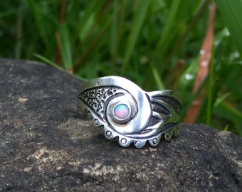 Solid sterling silver opal ring, rainbow colors in a bezel set stone, one of a kind artisan designed tree branch pattern, fits size 8