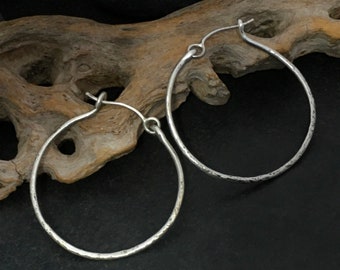 Medium sized round hoop earrings, handmade hammered & textured sterling silver, simple classic boho design, hinged ear wire