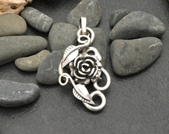 Small sterling silver flower garden pendant with a rose and 2 little leaves, vines, branches tendrils, one of a kind, Elfin Works design