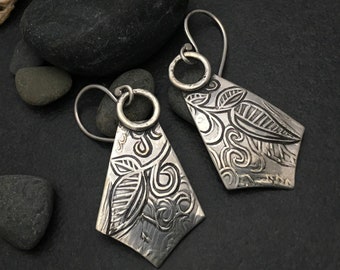 One of a kind solid sterling earrings, fan shaped with an organic leaf pattern, entirely handcrafted, inspired by nature, simple no stone