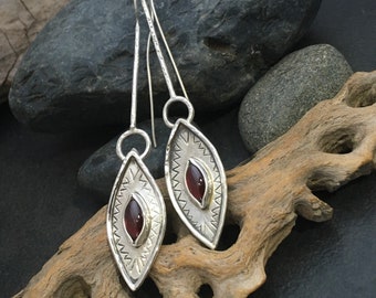 Red garnet earrings, very long stem, contemporary rustic style, ear hook, solid sterling silver, geometric patterns, triangles, Elfin Works