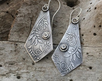 Imperfect Sparkly white topaz earrings, large lightweight solid sterling with a leaf and vine pattern, gray patina, long hanging, fan shape