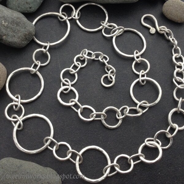 Sterling silver necklace chain, thick hammered round and oval links, 23 and 1/4 inches long, statement necklace, solid soldered links