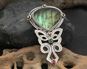 Slightly Imperfect Olive Green Labradorite pendant, carved sterling with smaller green tourmaline and a red garnet, one of a kind Celtic